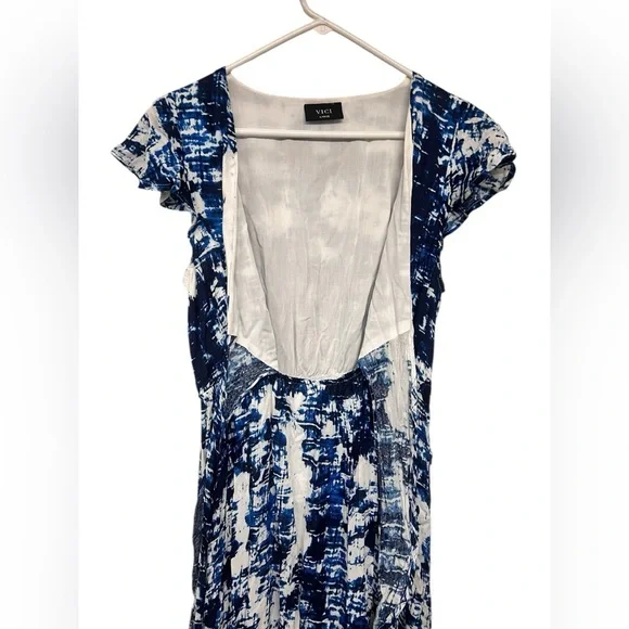 VICI Blue & White Asymmetrical Ruffle Front Tie Maxi Dress | Size Large - Picture 5 of 6